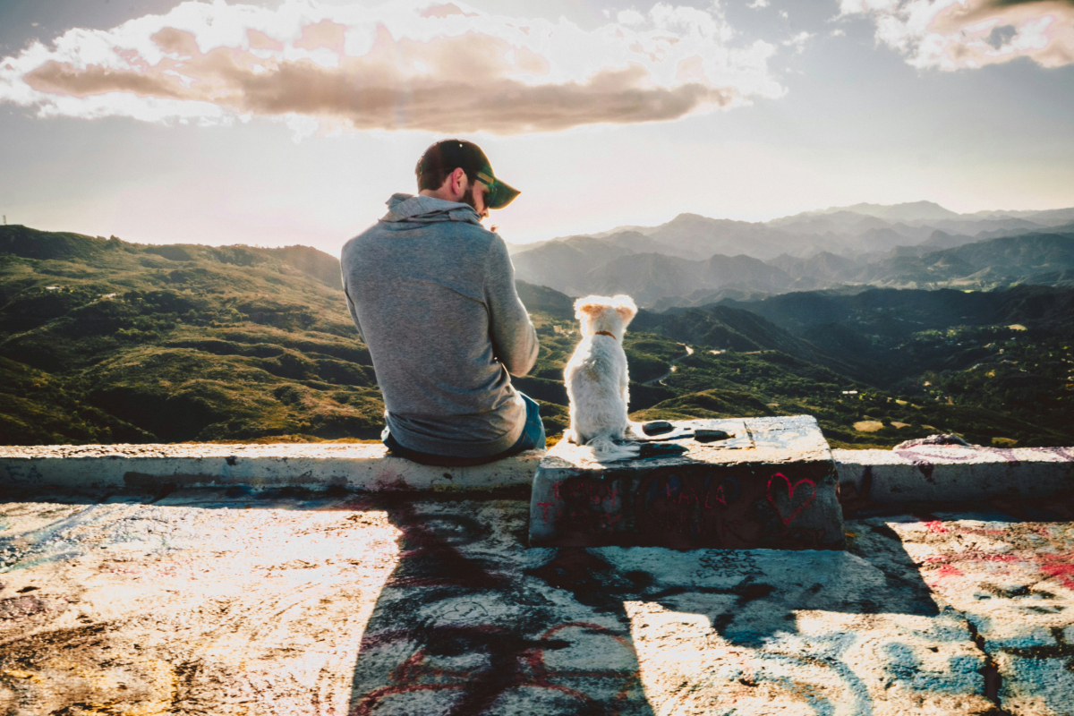 Man sitting with his dog overlooking California hills, illustrating pet friendly rehab where clients recover with their companion